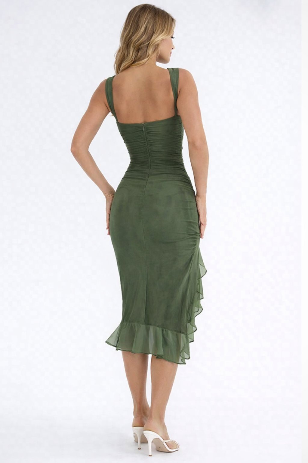 Women's Ruched Sleeveless Midi Wedding Guest Dress | Hi-Low Hem Detail Side