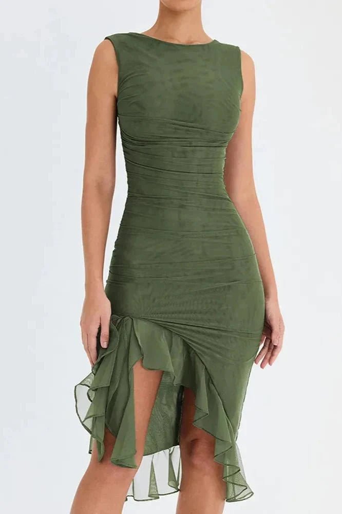 Women's Ruched Sleeveless Midi Wedding Guest Dress | Hi-Low Hem Detail View 25
