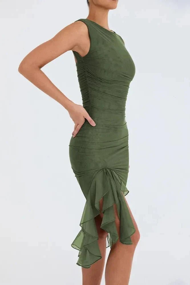 Women's Ruched Sleeveless Midi Wedding Guest Dress | Hi-Low Hem Detail View 26