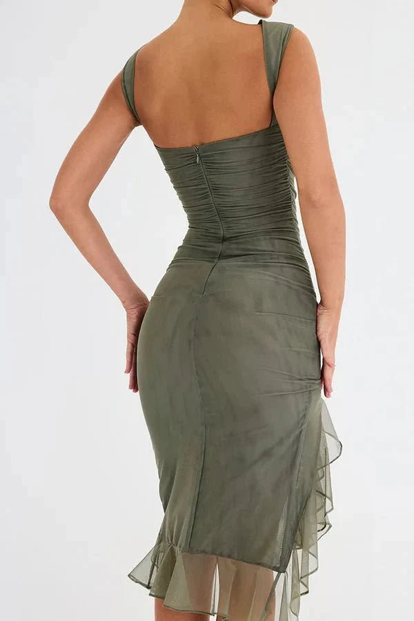 Women's Ruched Sleeveless Midi Wedding Guest Dress | Hi-Low Hem Detail View 27