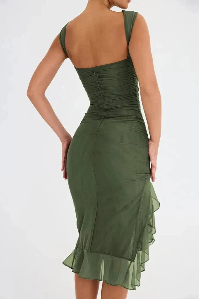 Women's Ruched Sleeveless Midi Wedding Guest Dress | Hi-Low Hem Detail View 28