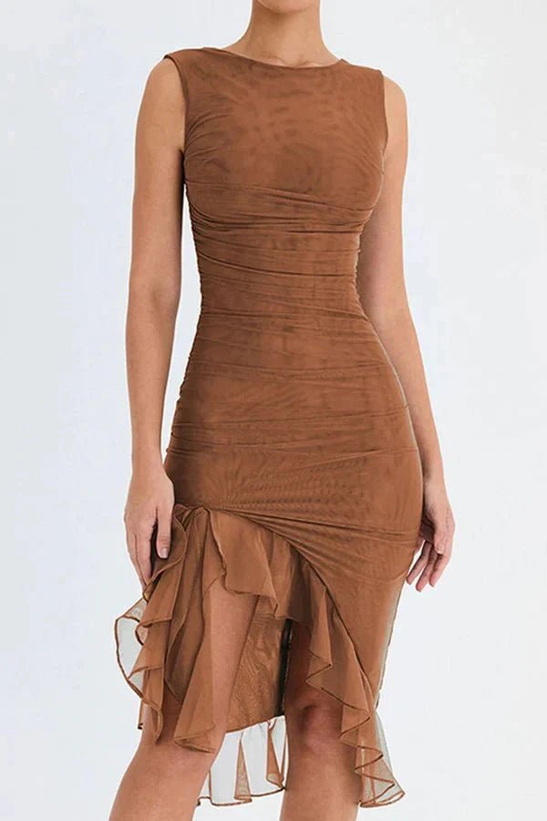 Women's Ruched Sleeveless Midi Wedding Guest Dress | Hi-Low Hem Detail View 30