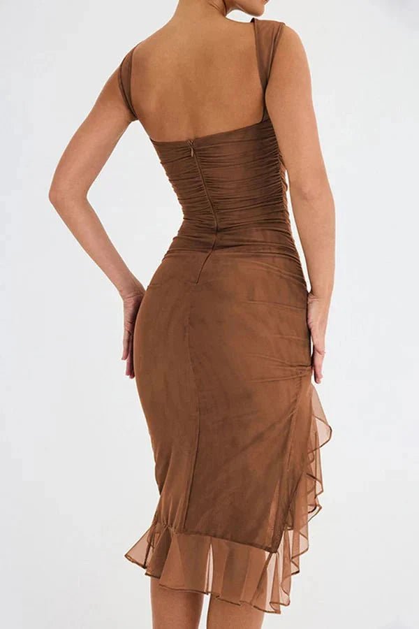 Women's Ruched Sleeveless Midi Wedding Guest Dress | Hi-Low Hem Detail View 31