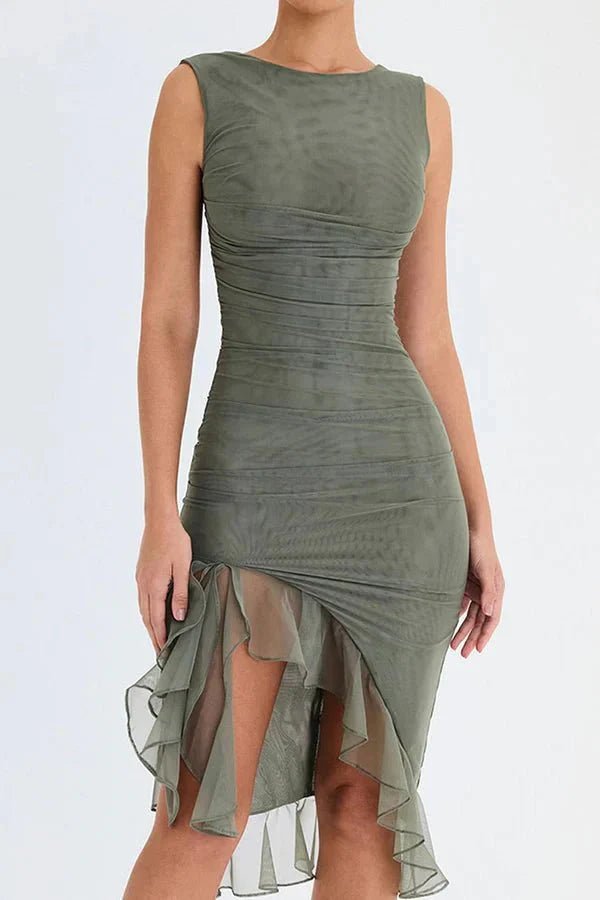 Women's Ruched Sleeveless Midi Wedding Guest Dress | Hi-Low Hem Detail View 32
