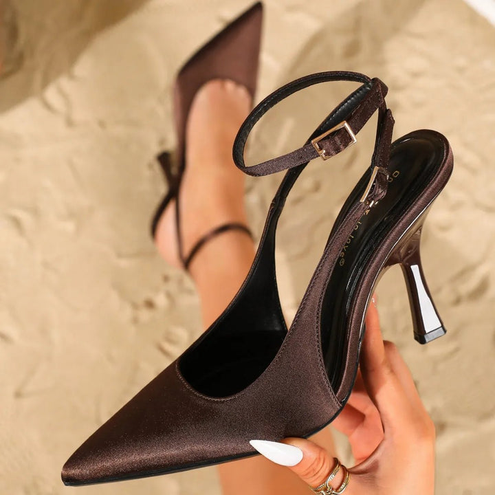 Women's Satin Ankle Strap Heels | Pointed Toe Dual Strap Hero