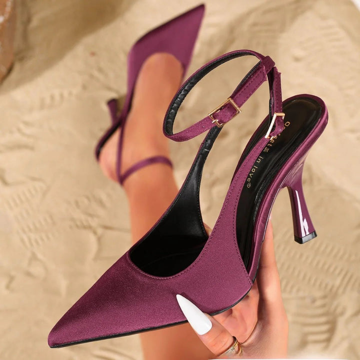 Women's Satin Ankle Strap Heels | Pointed Toe Dual Strap Side