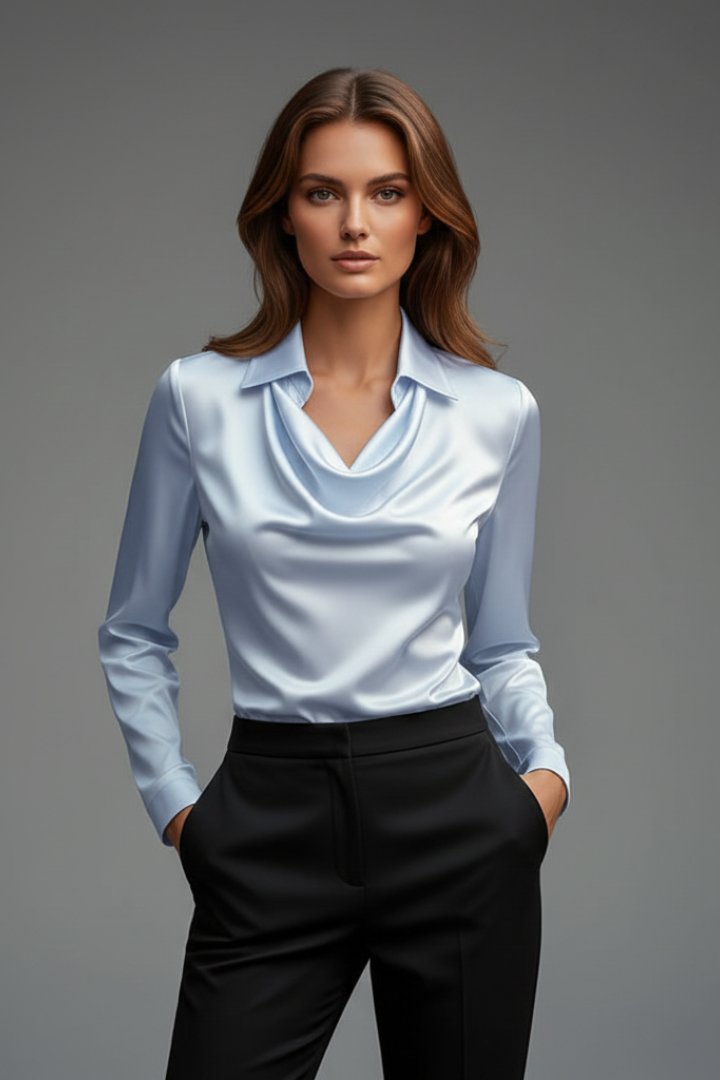 Women's Satin Blouse | Draped Collar Long Sleeve Angle