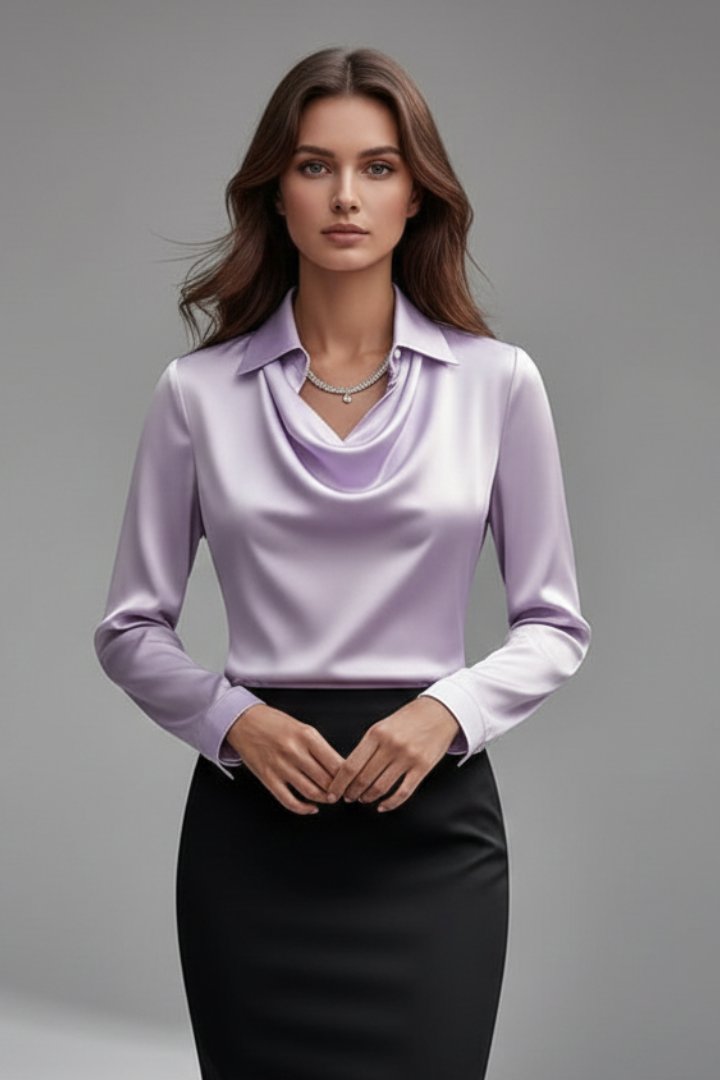 Women's Satin Blouse | Draped Collar Long Sleeve Full