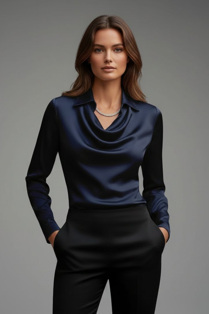 Women's Satin Blouse | Draped Collar Long Sleeve Lifestyle