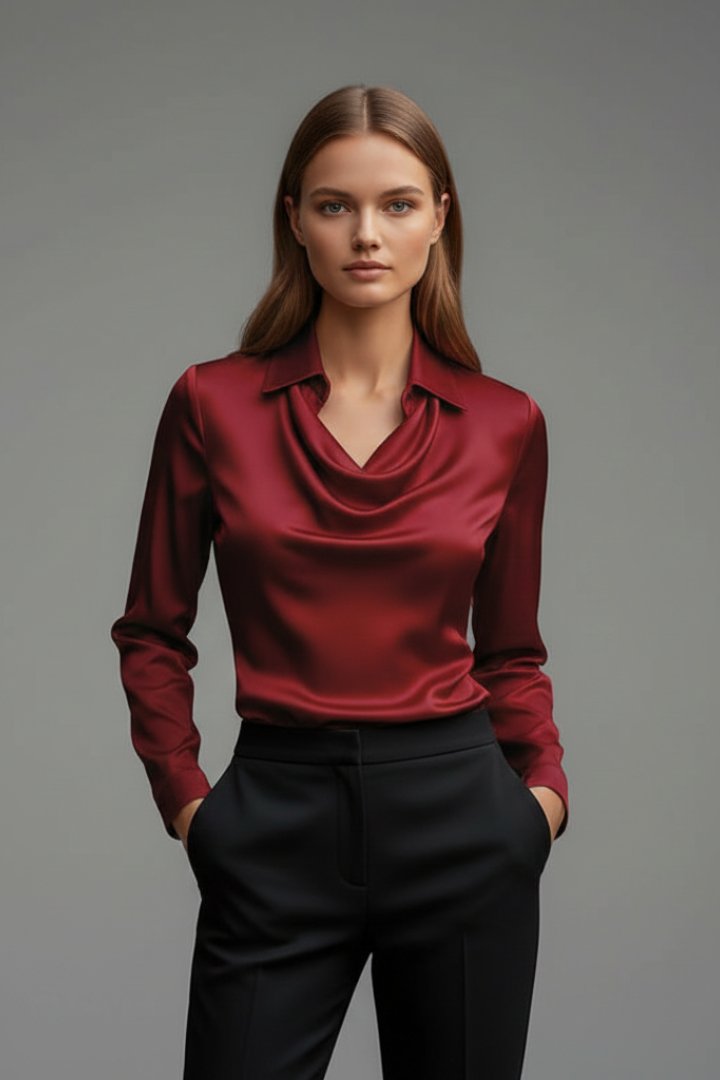 Women's Satin Blouse | Draped Collar Long Sleeve Side
