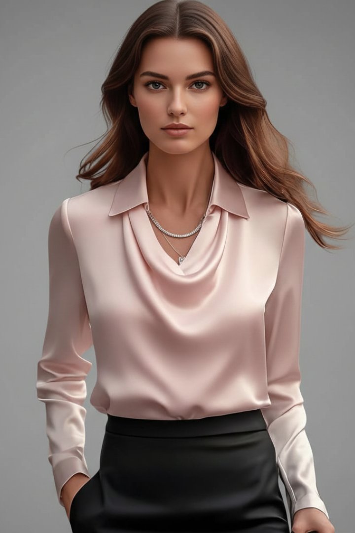 Women's Satin Blouse | Draped Collar Long Sleeve View 11