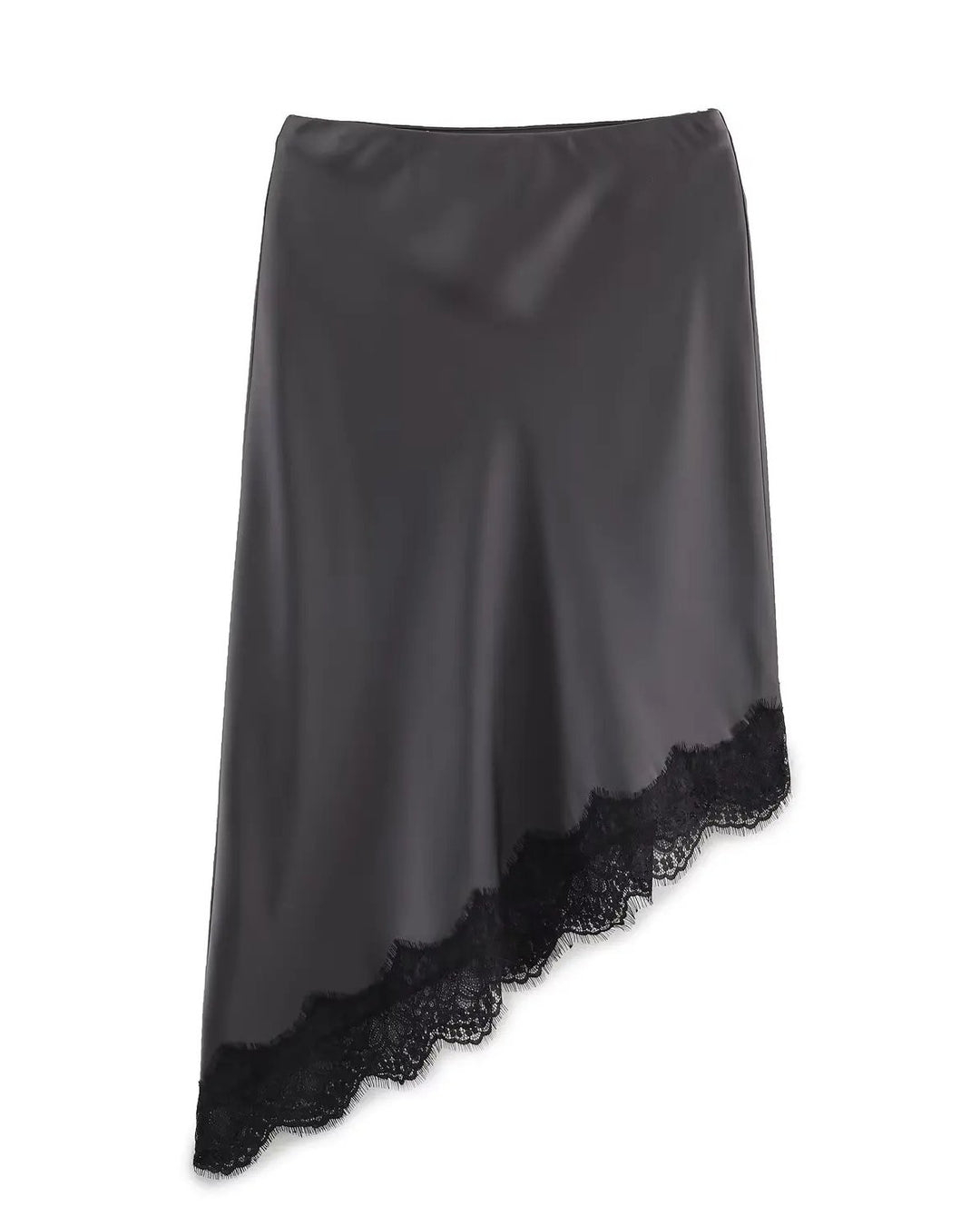 Women's Satin Midi Skirt | Asymmetric Hem with Lace Trim Detail