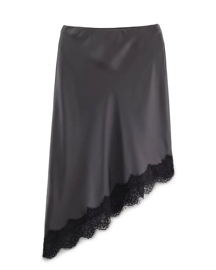 Women's Satin Midi Skirt | Asymmetric Hem with Lace Trim Detail