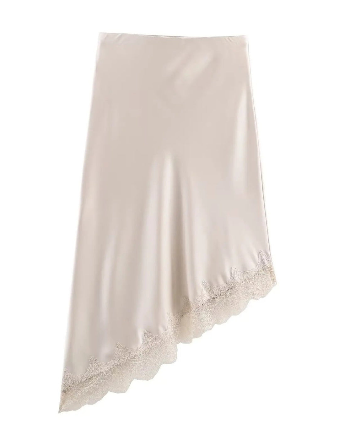 Women's Satin Midi Skirt | Asymmetric Hem with Lace Trim Front