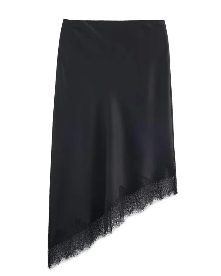 Women's Satin Midi Skirt | Asymmetric Hem with Lace Trim Hero