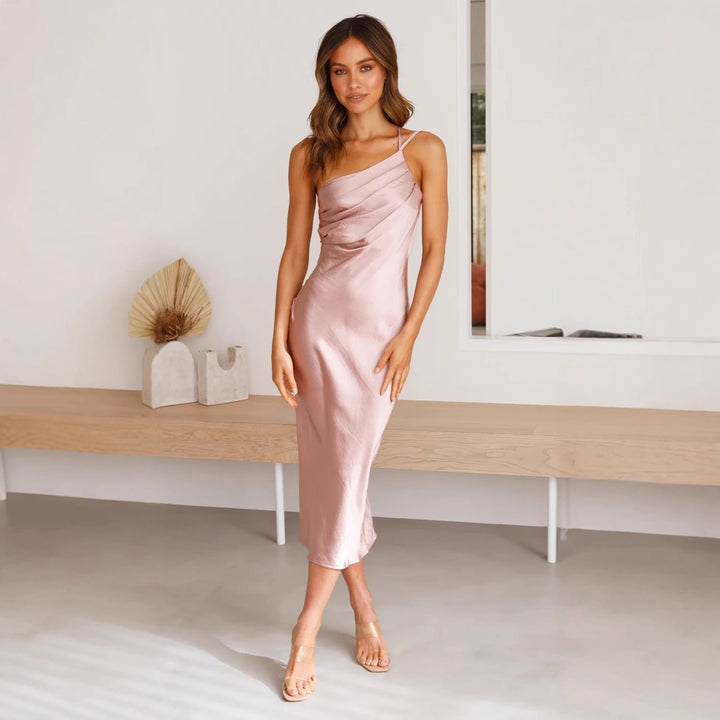 Women's Satin One-Shoulder Midi Dress | Wedding Guest Asymmetric Front