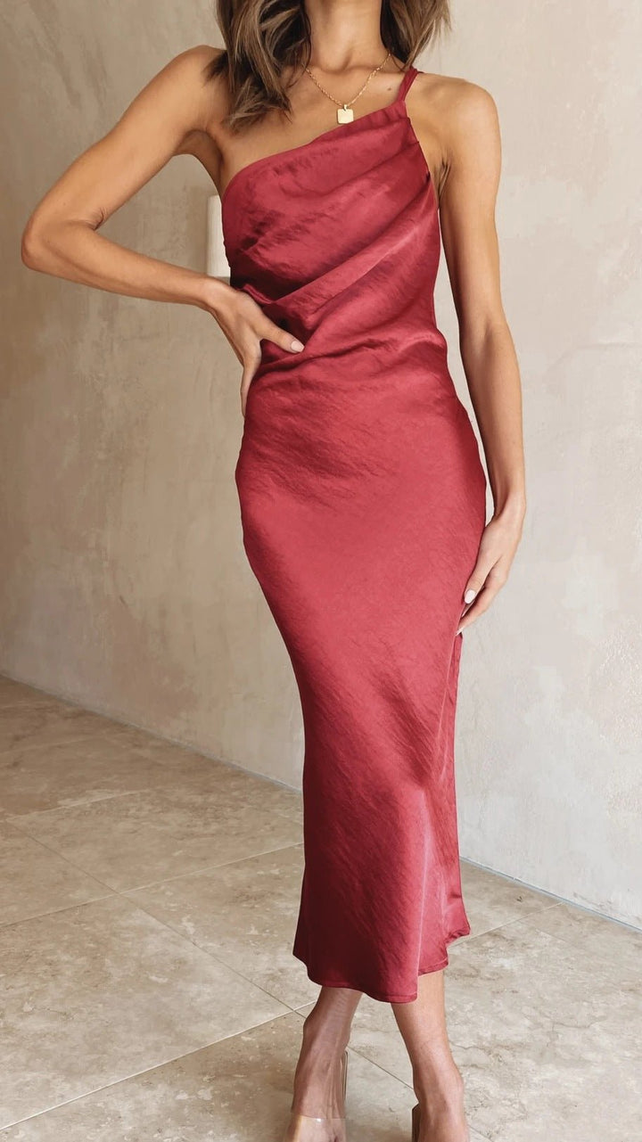 Women's Satin One-Shoulder Midi Dress | Wedding Guest Asymmetric Lifestyle
