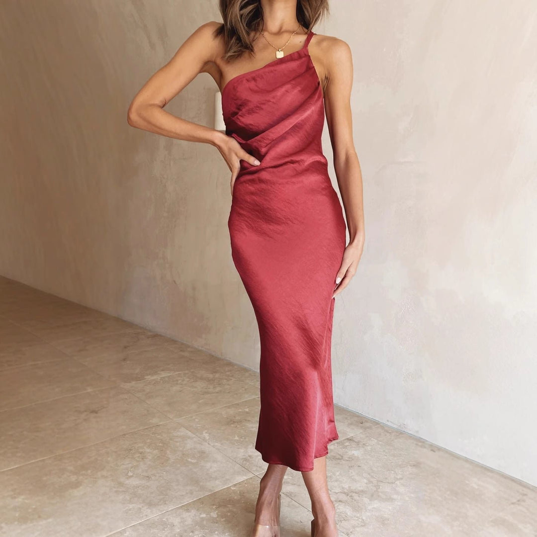 Women's Satin One-Shoulder Midi Dress | Wedding Guest Asymmetric Side