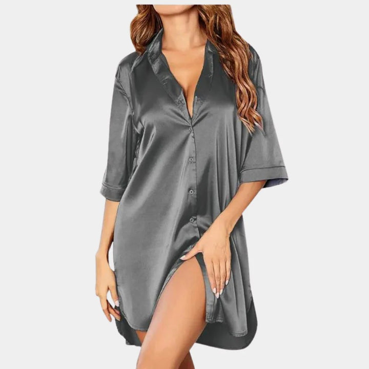 Women's Satin Oversized Pajama Dress | Button Down Shirt Fit Detail