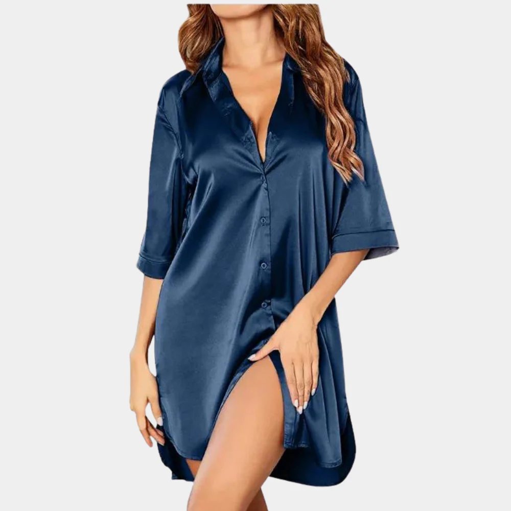 Women's Satin Oversized Pajama Dress | Button Down Shirt Fit Side