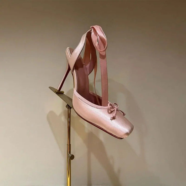 Women's Satin Platform Heels | Ankle Strap Bow Detail Angle
