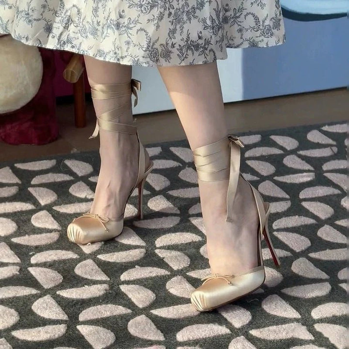 Women's Satin Platform Heels | Ankle Strap Bow Detail Back