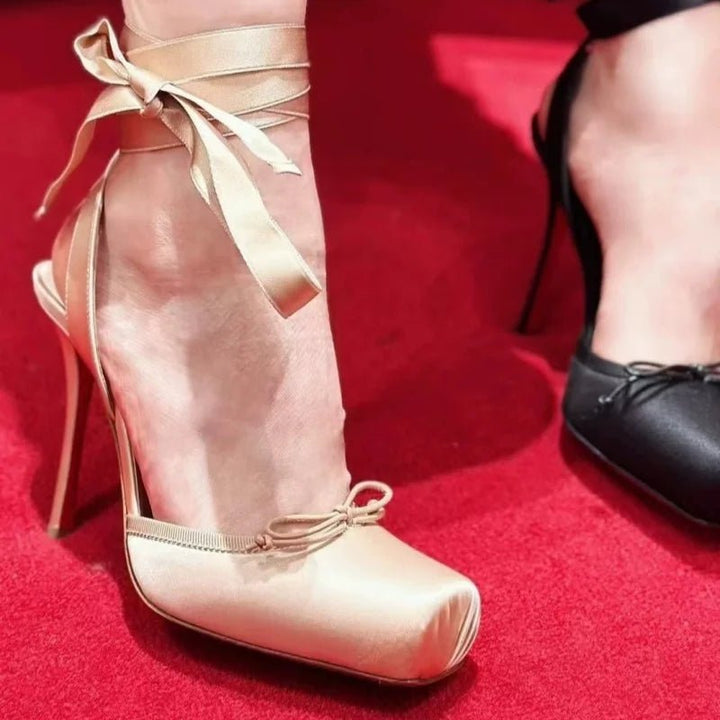 Women's Satin Platform Heels | Ankle Strap Bow Detail Close Up