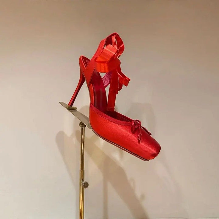 Women's Satin Platform Heels | Ankle Strap Bow Detail Full