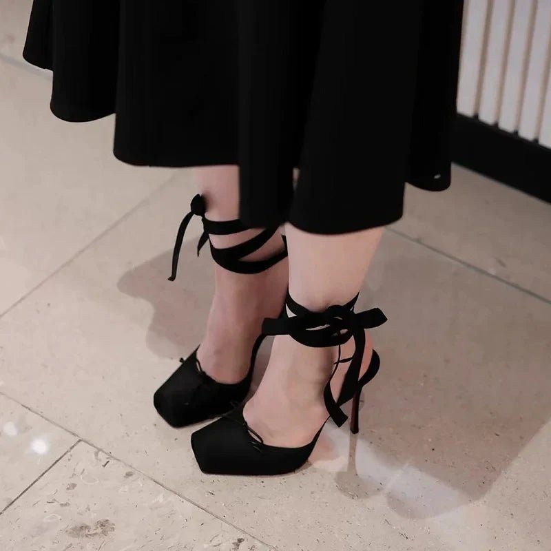 Women's Satin Platform Heels | Ankle Strap Bow Detail Side