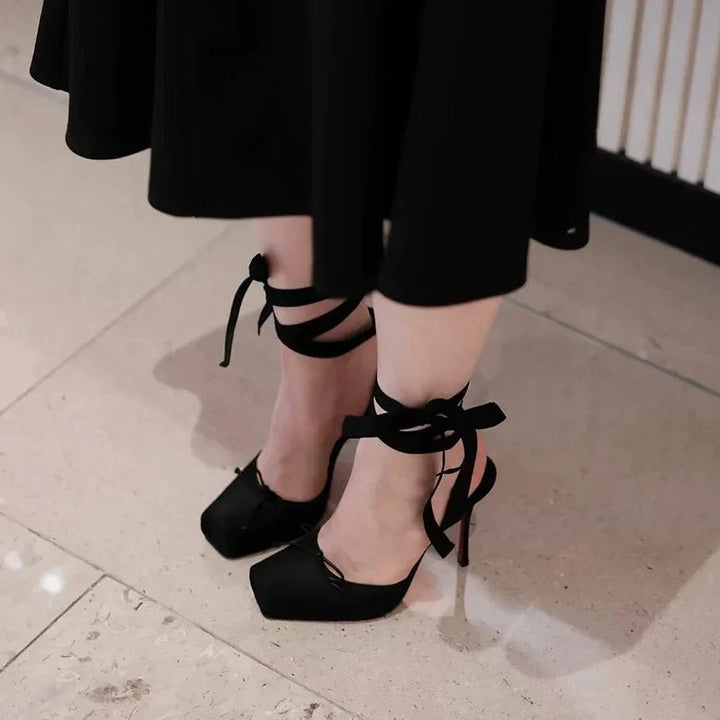 Women's Satin Platform Heels | Ankle Strap Bow Detail Side