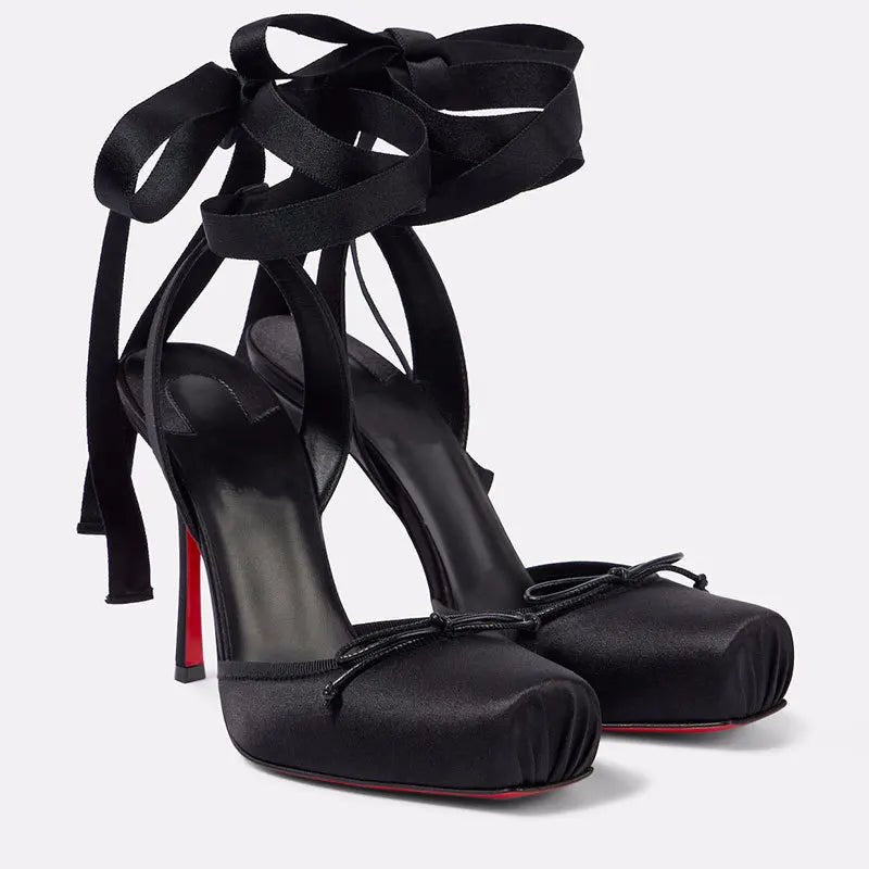 Women's Satin Platform Heels | Ankle Strap Bow Detail View 11
