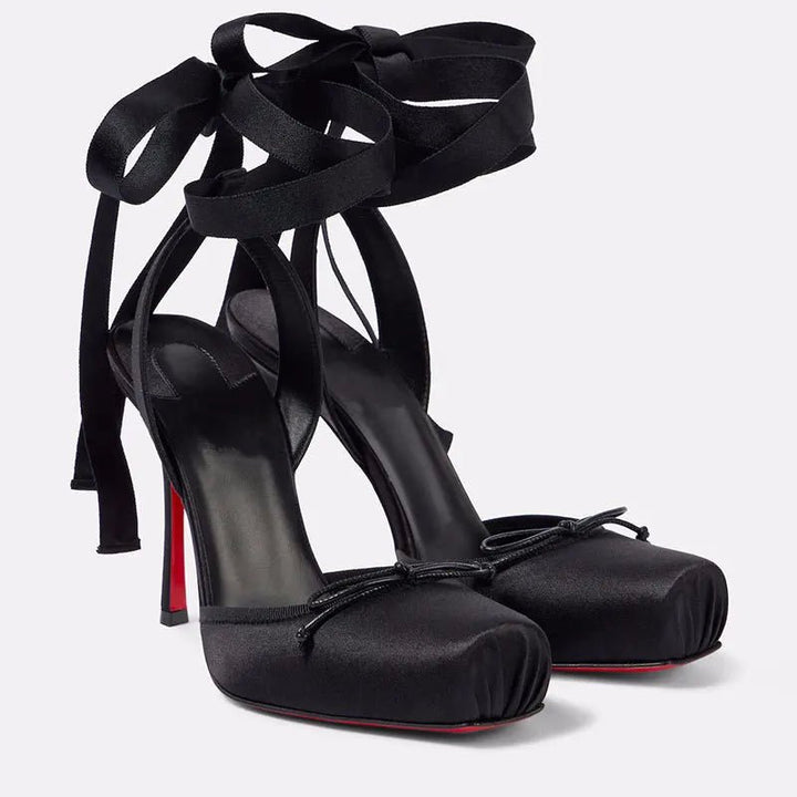 Women's Satin Platform Heels | Ankle Strap Bow Detail View 11