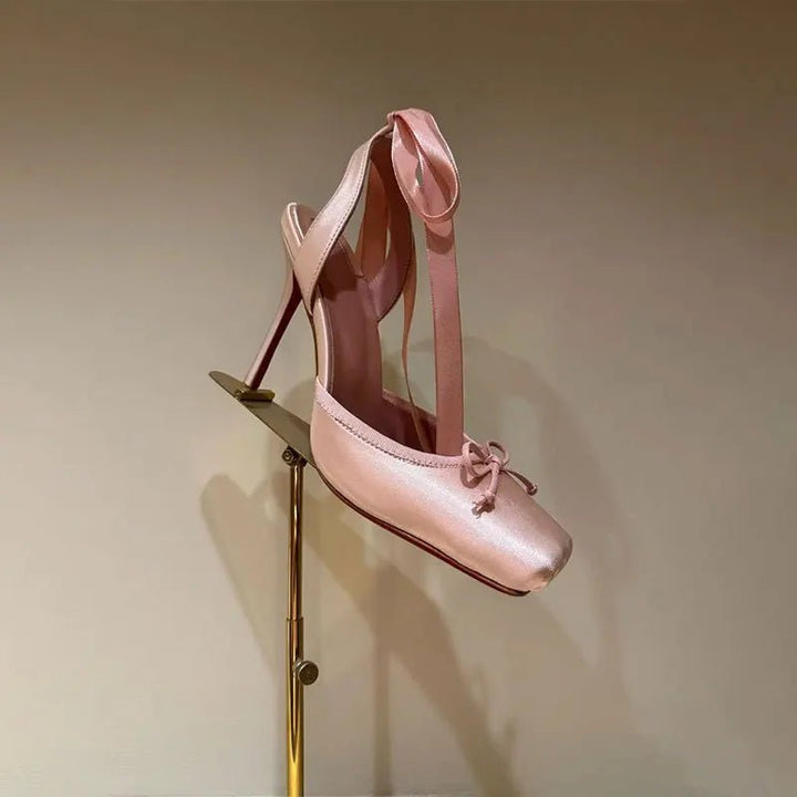 Women's Satin Platform High Heels | Square Toe Ankle Strap Back