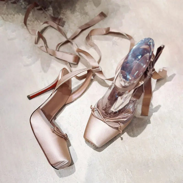 Women's Satin Platform High Heels | Square Toe Ankle Strap Detail