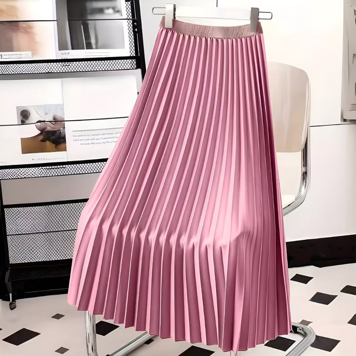 Women's Satin Pleated High-Waist Midi Skirt Back