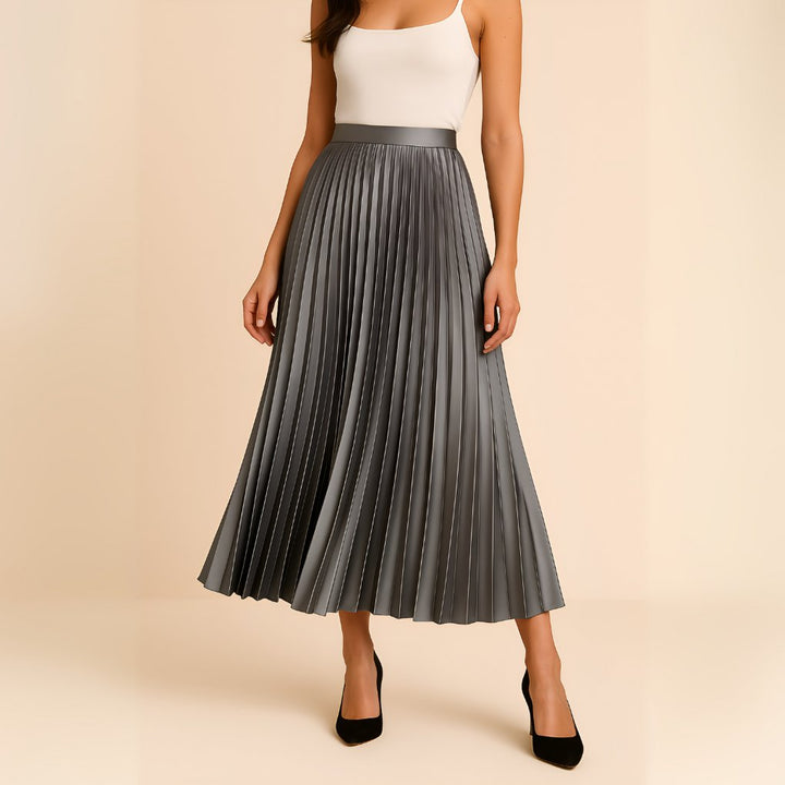 Women's Satin Pleated High-Waist Midi Skirt Detail