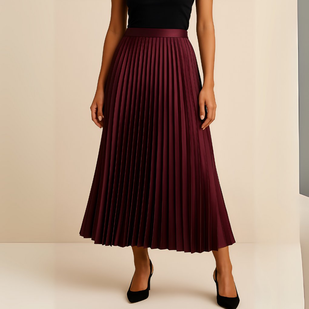 Women's Satin Pleated High-Waist Midi Skirt Front