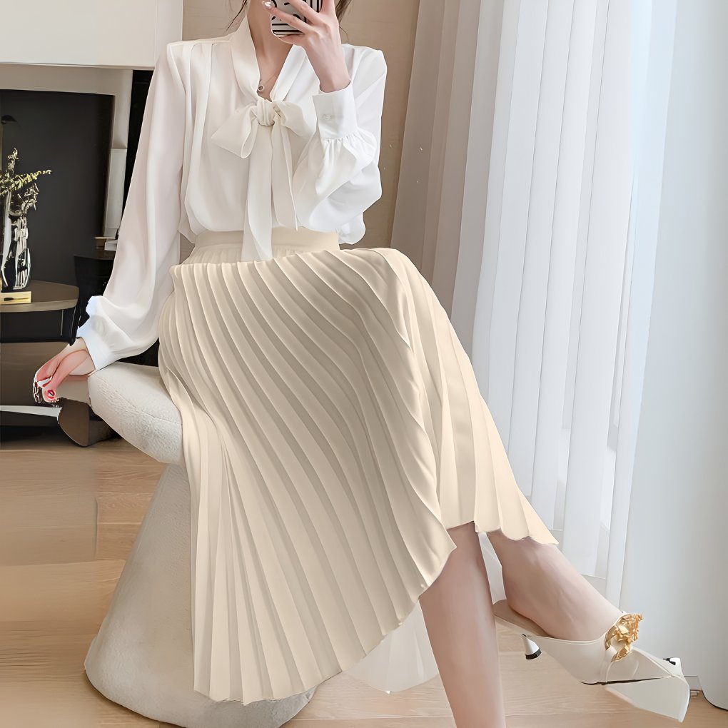 Women's Satin Pleated High-Waist Midi Skirt Side
