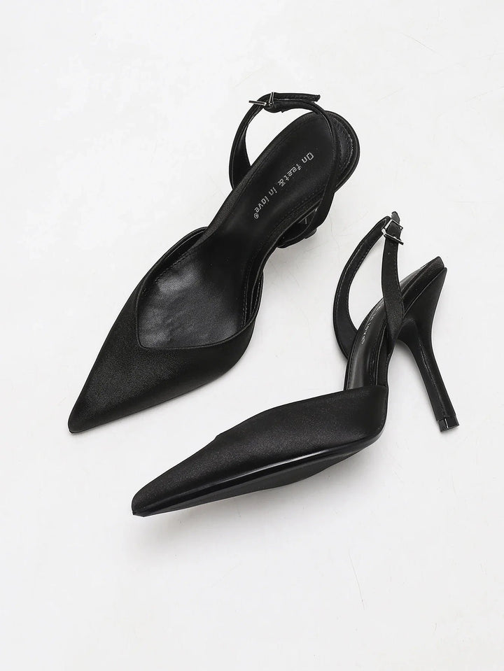 Women's Satin Pointed Toe Slingback Heels | Slim Stiletto Fit Front