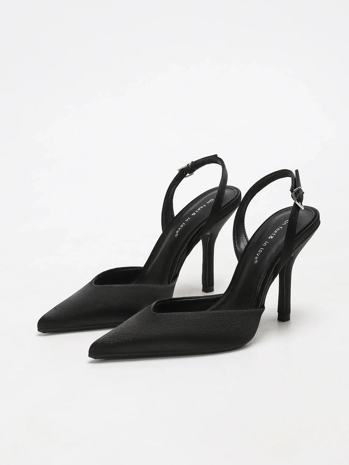 Women's Satin Pointed Toe Slingback Heels | Slim Stiletto Fit Side