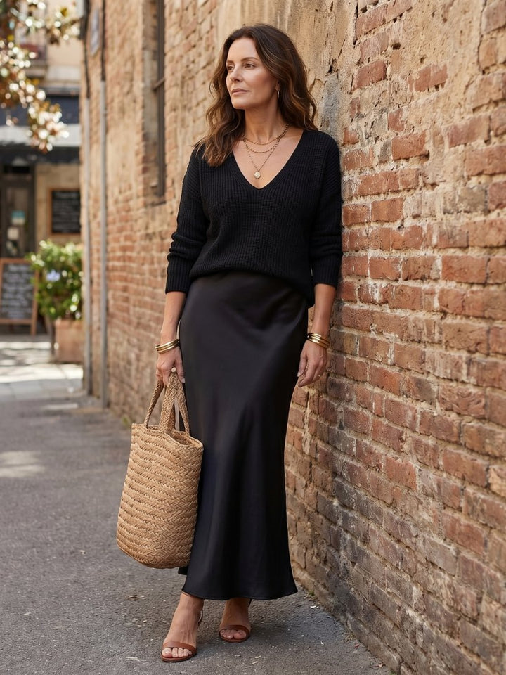 Women's Satin Skirt Knit Layer Set | Bias Cut Midi Co-ord Alternate