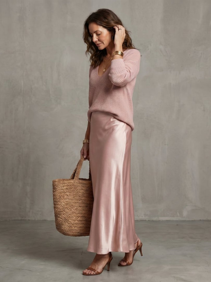 Women's Satin Skirt Knit Layer Set | Bias Cut Midi Co-ord Front