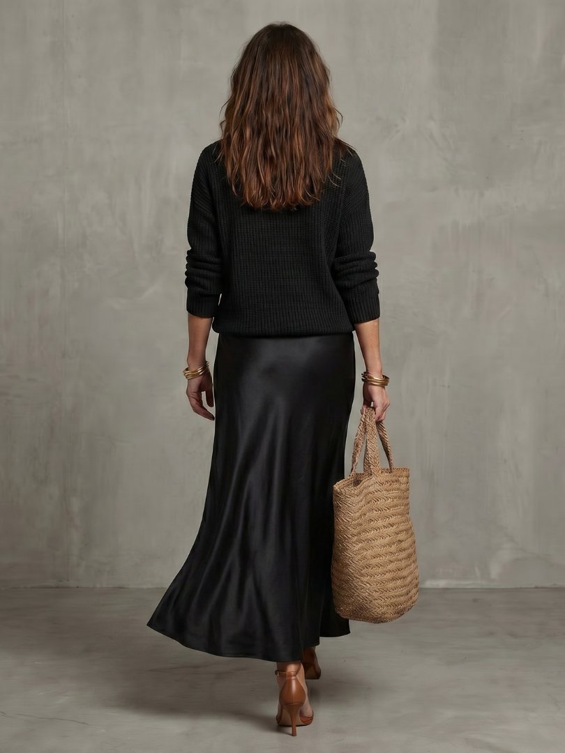 Women's Satin Skirt Knit Layer Set | Bias Cut Midi Co-ord Full