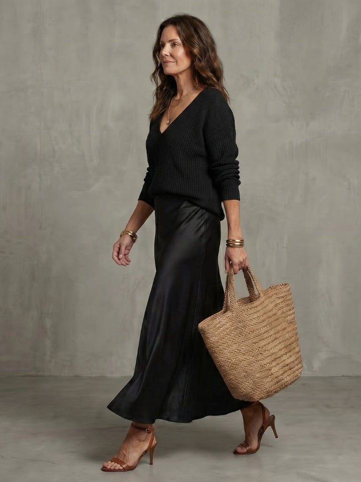Women's Satin Skirt Knit Layer Set | Bias Cut Midi Co-ord Lifestyle