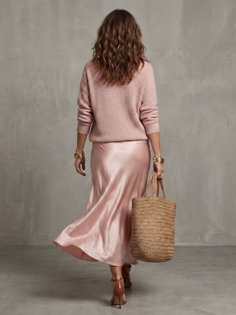 Women's Satin Skirt Knit Layer Set | Bias Cut Midi Co-ord Side