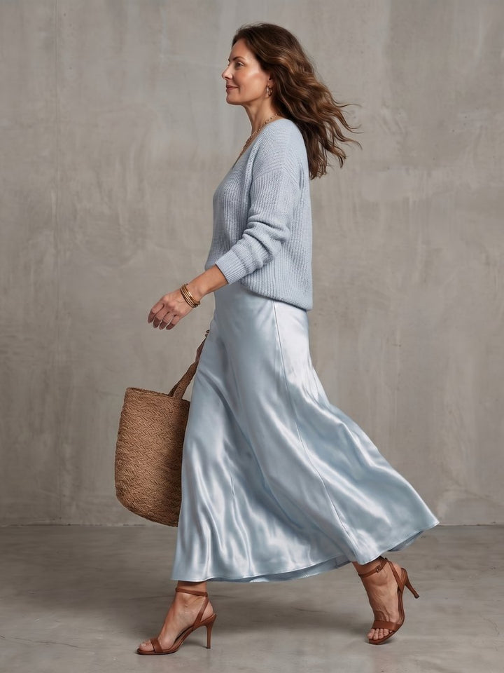 Women's Satin Skirt Knit Layer Set | Bias Cut Midi Co-ord View 12
