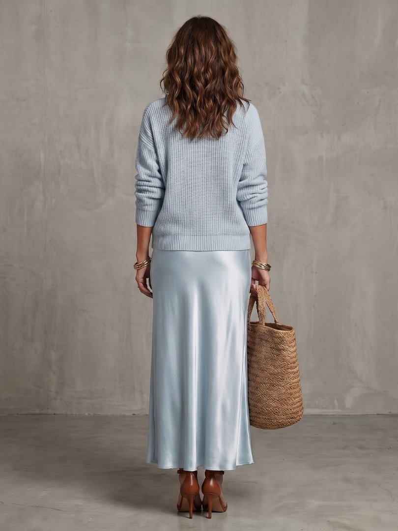 Women's Satin Skirt Knit Layer Set | Bias Cut Midi Co-ord View 14