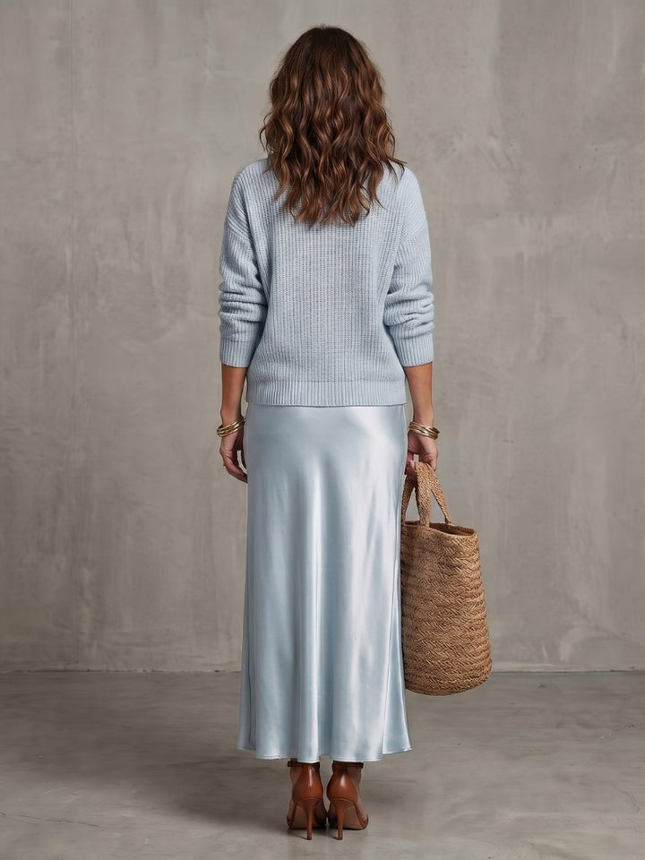 Women's Satin Skirt Knit Layer Set | Bias Cut Midi Co-ord View 14
