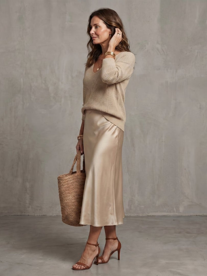 Women's Satin Skirt Knit Layer Set | Bias Cut Midi Co-ord View 17
