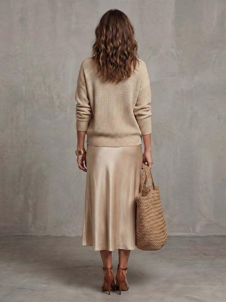 Women's Satin Skirt Knit Layer Set | Bias Cut Midi Co-ord View 19